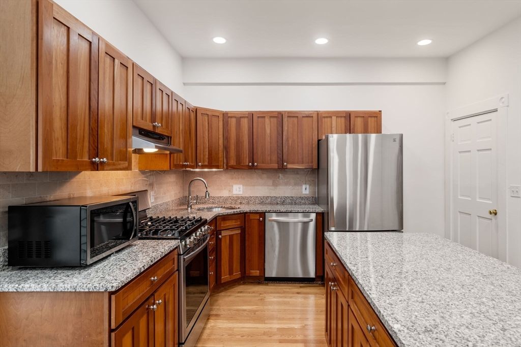 Interior, Kitchen, Recessed Lighting, Stainless Steel Appliances, Wood Texture Flooring