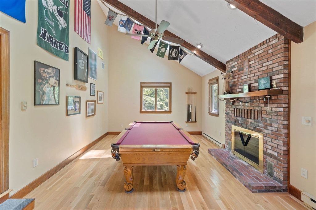 Billiard Table, Fireplace, Game Room, Interior, Recessed Lighting, Stone Walls, Wooden Beams, Wood Texture Flooring