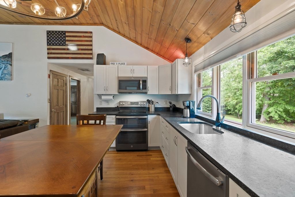 Interior, Kitchen, Pendant Lights, Stainless Steel Appliances, Wooden Ceilings, Wood Texture Flooring
