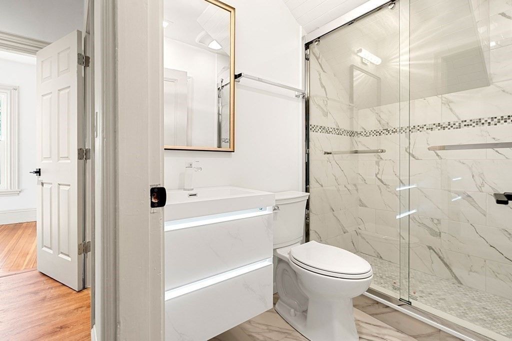 Bathroom, Glass Shower, Interior, Marble, Marble Walls, Wood Texture Flooring
