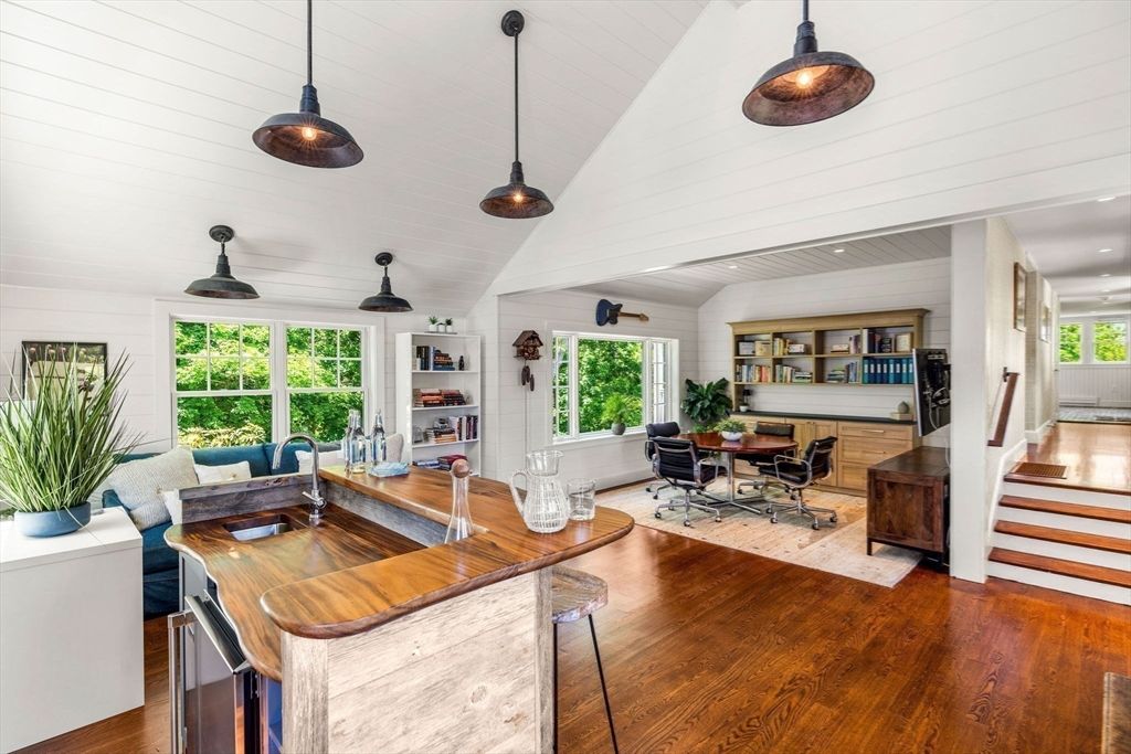 Dining room, Fireplace, Interior, Kitchen, Living room, Pendant Lights, Recessed Lighting, Wood Texture Flooring