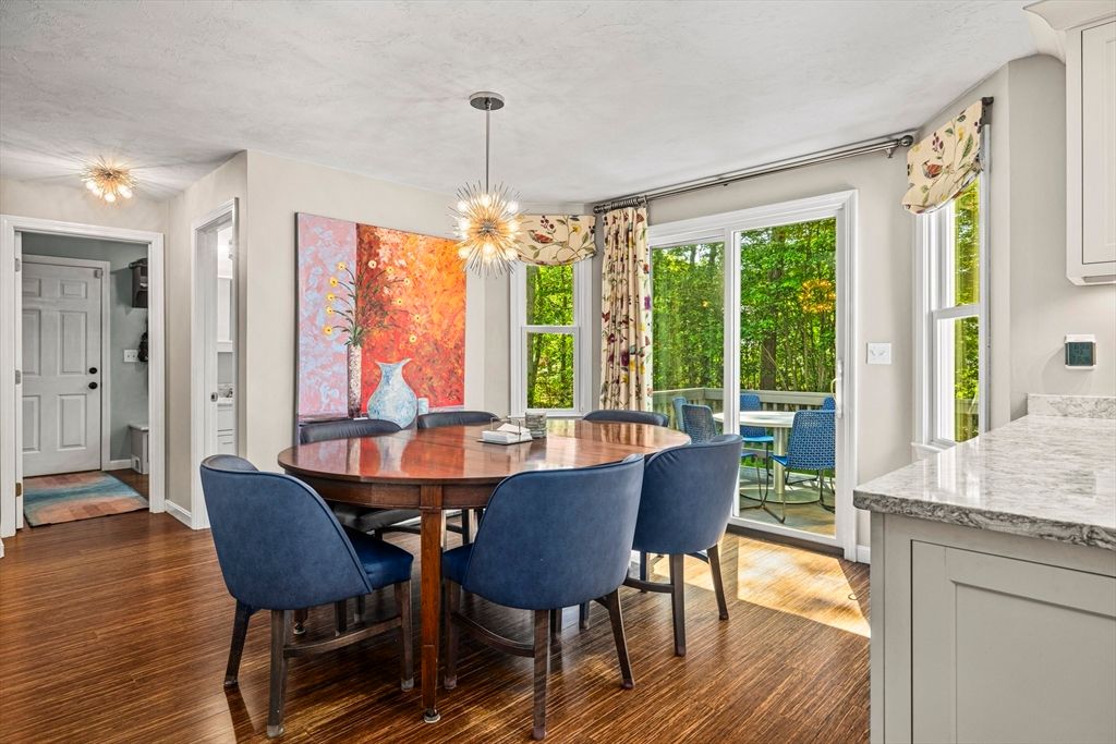 Dining room, Interior, Pendant Lights, Wood Texture Flooring