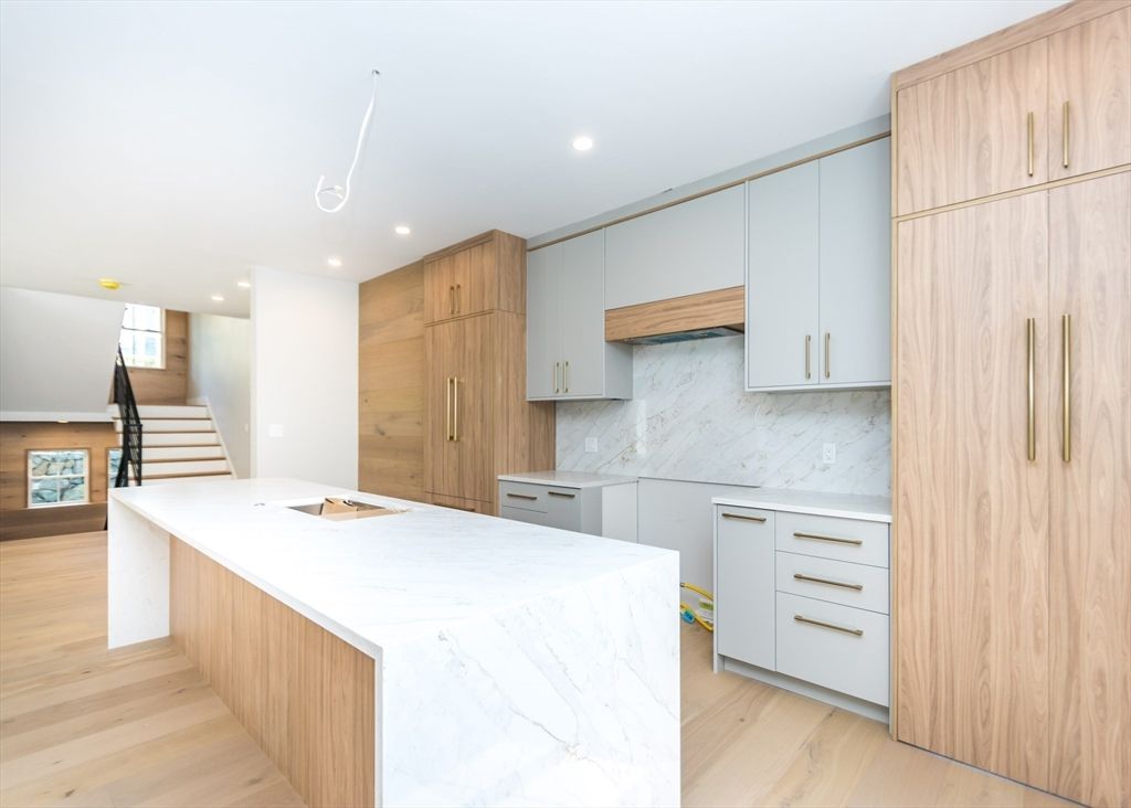 Interior, Kitchen, Marble Walls, Recessed Lighting, Wood Texture Flooring