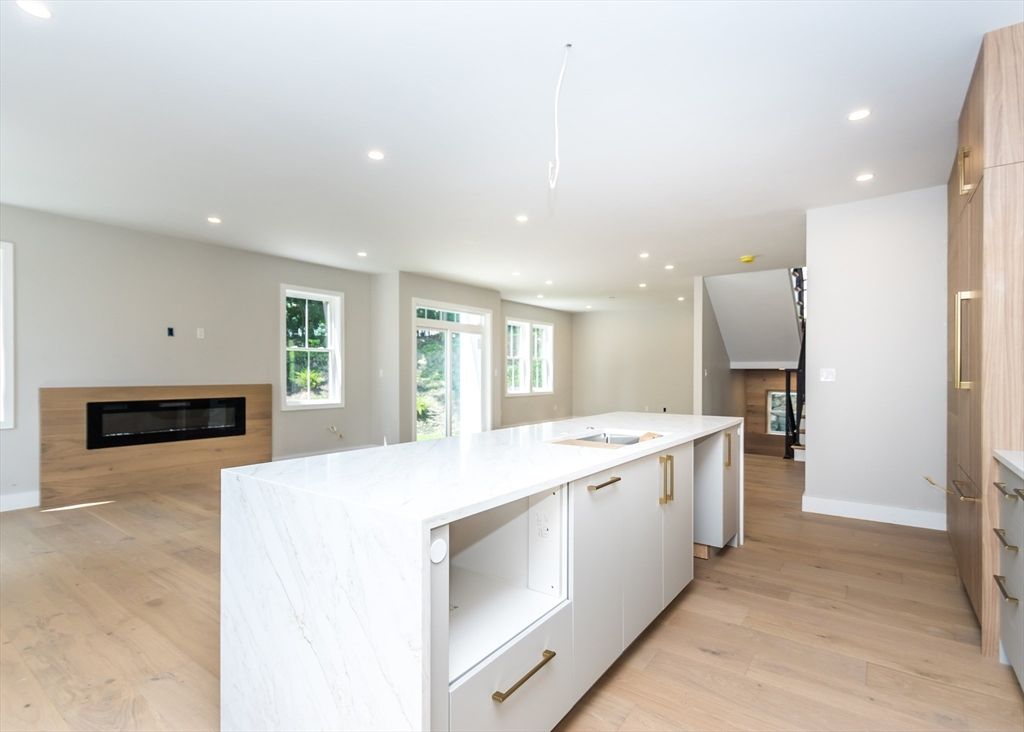 Fireplace, Interior, Kitchen, Recessed Lighting, Wood Texture Flooring