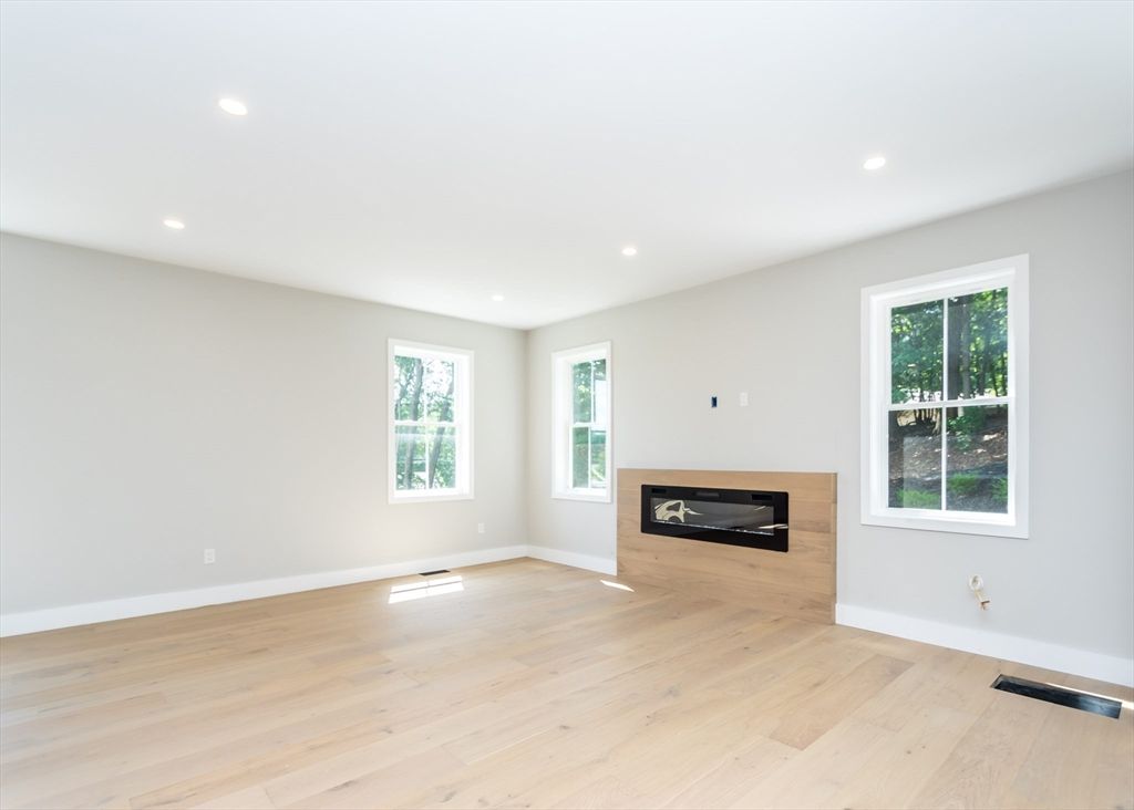 Empty room, Fireplace, Interior, Recessed Lighting, Wood Texture Flooring