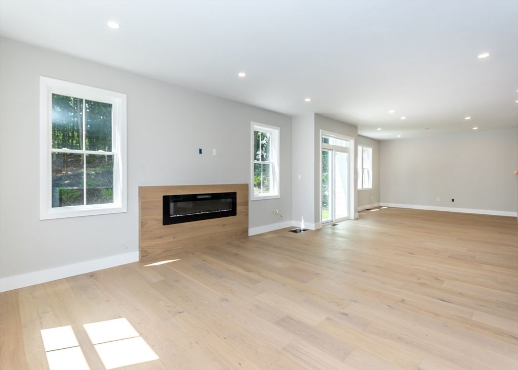 Empty room, Fireplace, Interior, Recessed Lighting, Wood Texture Flooring