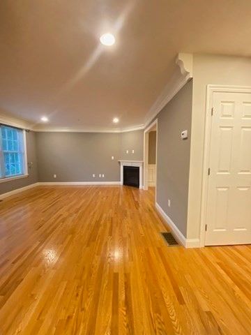 Empty room, Fireplace, Interior, Recessed Lighting, Wood Texture Flooring