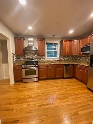 Interior, Kitchen, Pendant Lights, Recessed Lighting, Stainless Steel Appliances, Wood Texture Flooring