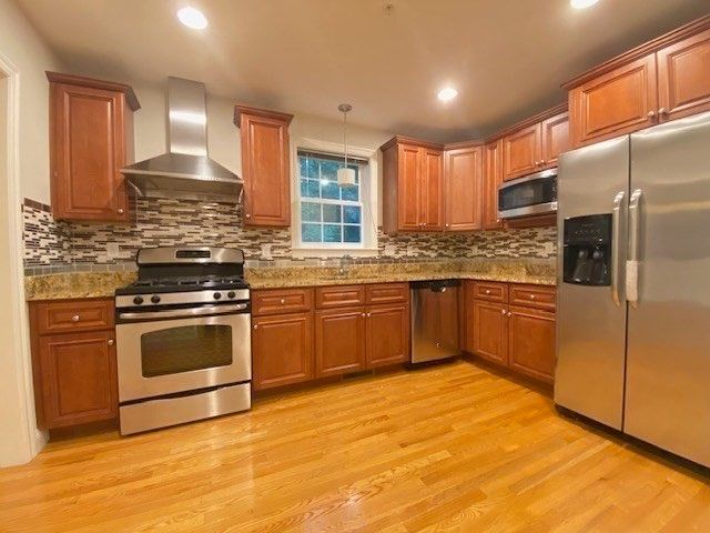 Interior, Kitchen, Pendant Lights, Recessed Lighting, Stainless Steel Appliances, Wood Texture Flooring