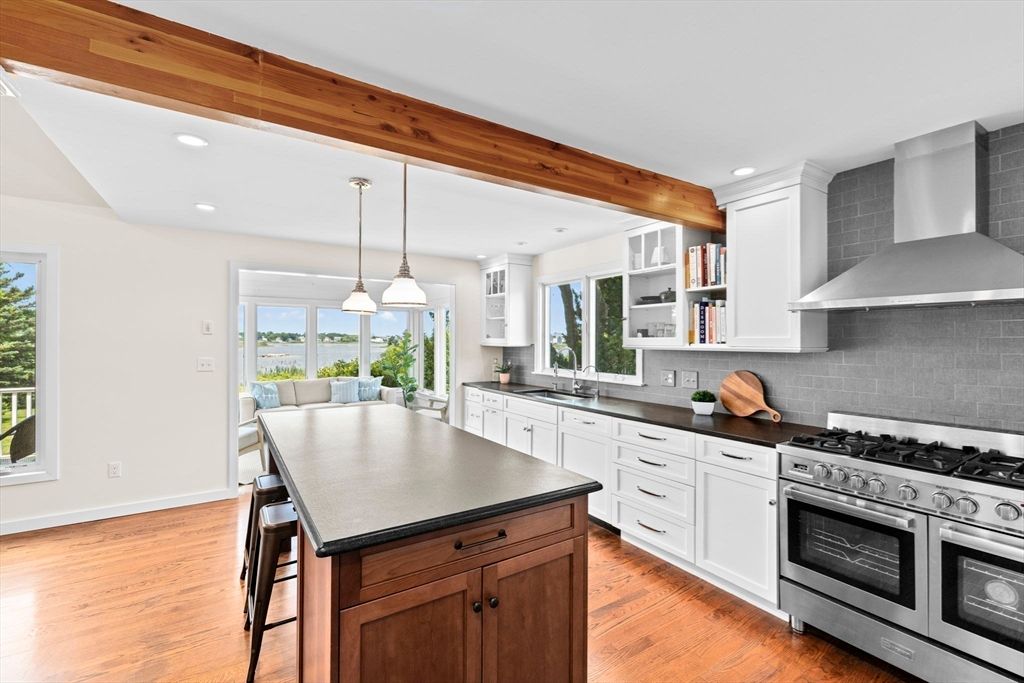 Interior, Kitchen, Pendant Lights, Recessed Lighting, Stainless Steel Appliances, Wooden Beams, Wood Texture Flooring