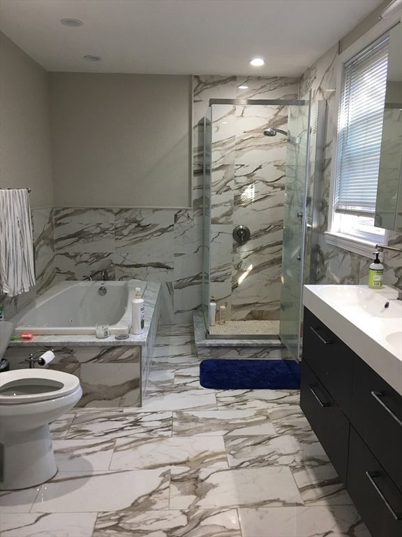 Bathroom, Glass Shower, Interior, Marble, Marble Walls, Recessed Lighting
