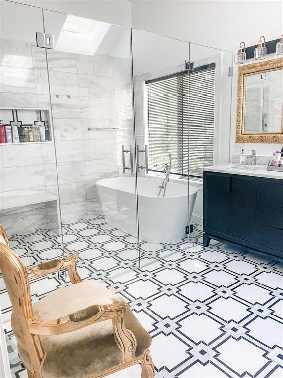 Bathroom, Free Standing Baths, Glass Shower, Interior, Marble Walls