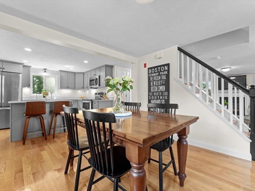 Dining room, Interior, Kitchen, Recessed Lighting, Stainless Steel Appliances, Wood Texture Flooring