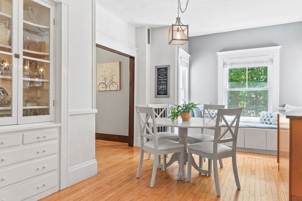 Dining room, Interior, Pendant Lights, Wood Texture Flooring