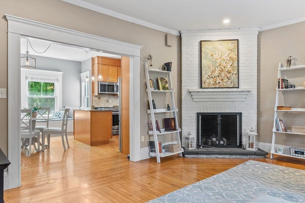 Dining room, Fireplace, Interior, Kitchen, Pendant Lights, Recessed Lighting, Stone Walls, Wood Texture Flooring