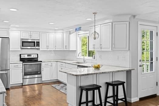 Interior, Kitchen, Pendant Lights, Recessed Lighting, Stainless Steel Appliances, Wood Texture Flooring
