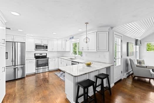 Interior, Kitchen, Pendant Lights, Recessed Lighting, Stainless Steel Appliances, Wood Texture Flooring