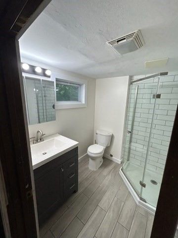 Bathroom, Glass Shower, Interior, Wood Texture Flooring