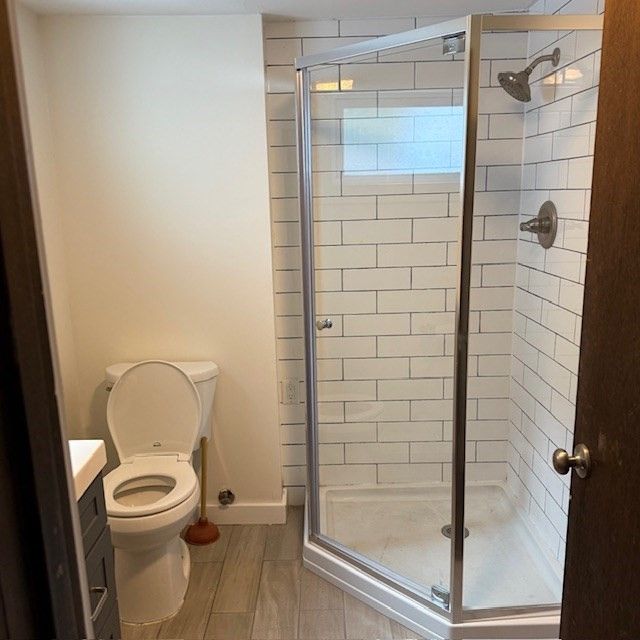 Bathroom, Glass Shower, Interior, Wood Texture Flooring