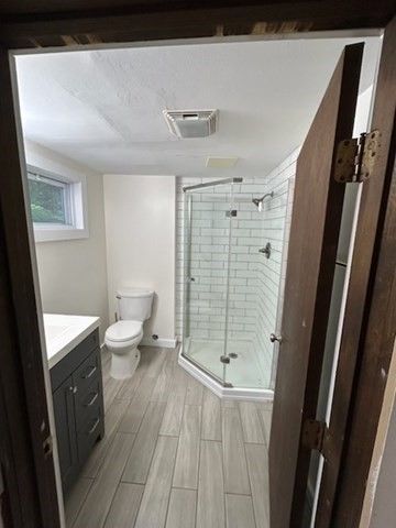 Bathroom, Glass Shower, Interior, Wood Texture Flooring