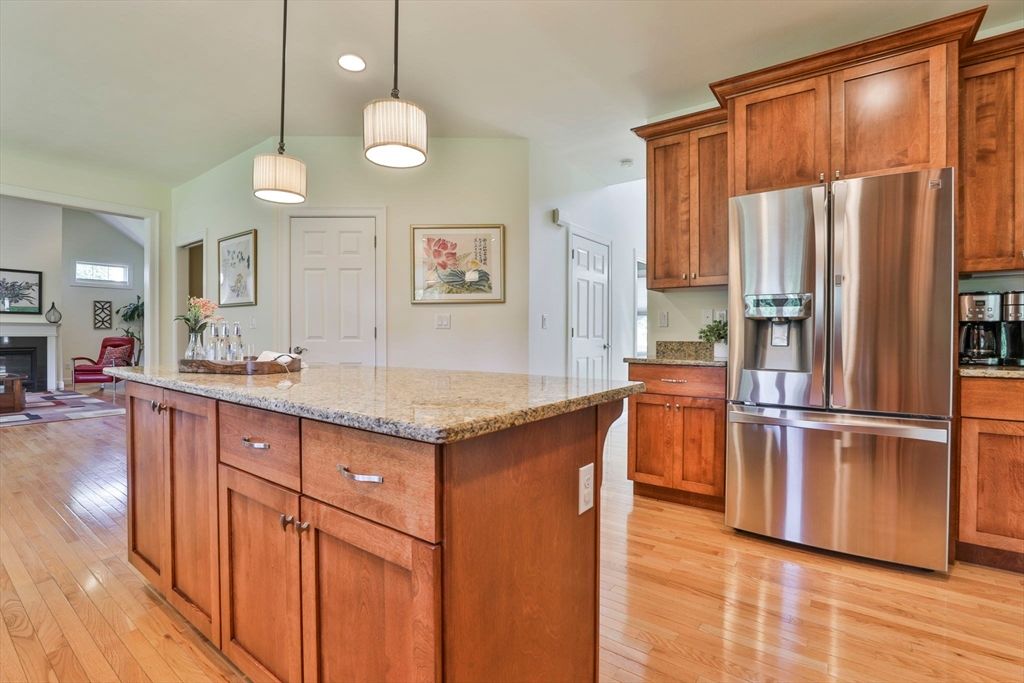 Fireplace, Interior, Kitchen, Pendant Lights, Recessed Lighting, Stainless Steel Appliances, Wood Texture Flooring