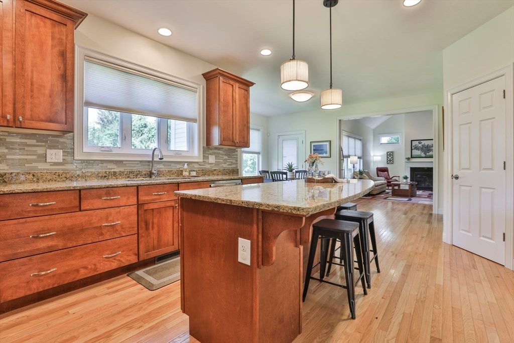 Fireplace, Interior, Kitchen, Living room, Pendant Lights, Recessed Lighting, Wood Texture Flooring