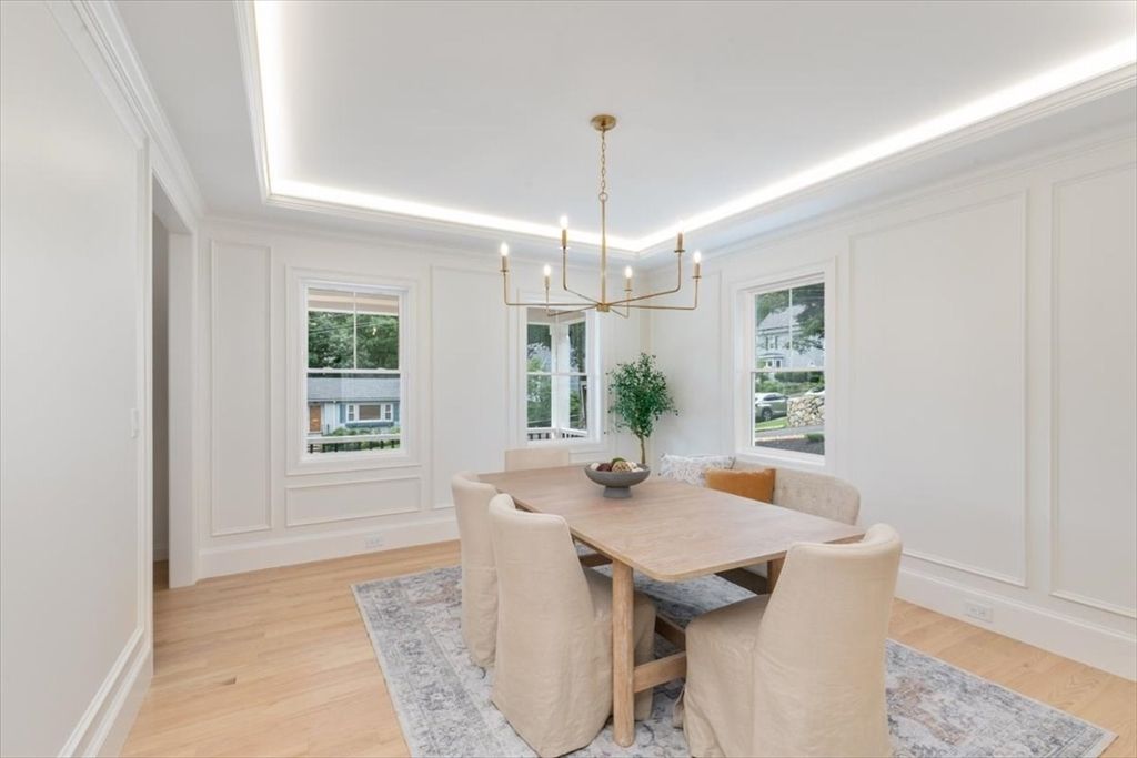 Dining room, Interior, Pendant Lights, Wood Texture Flooring