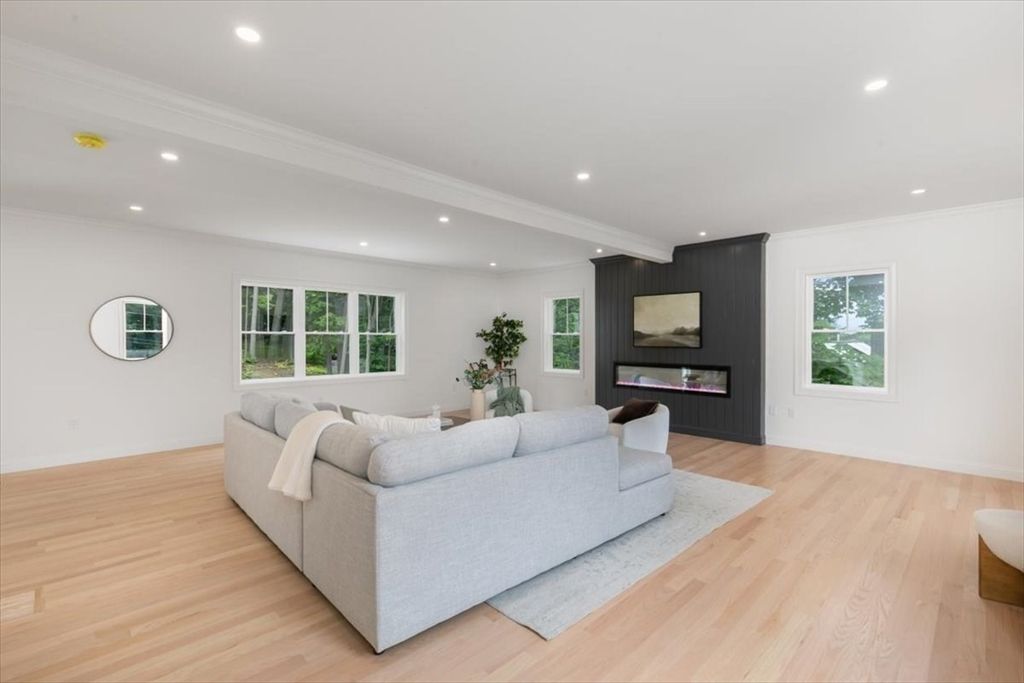 Fireplace, Interior, Living room, Recessed Lighting, Wood Texture Flooring