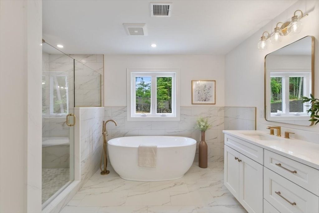 Bathroom, Free Standing Baths, Glass Shower, Interior, Marble, Marble Walls, Recessed Lighting