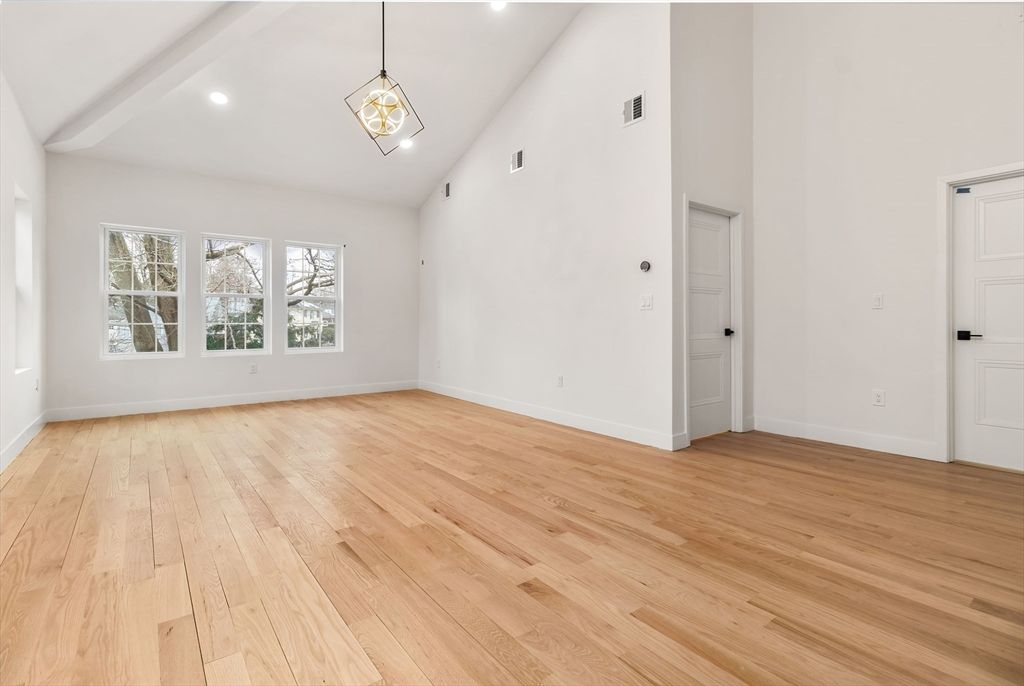 Empty room, Interior, Pendant Lights, Recessed Lighting, Wood Texture Flooring
