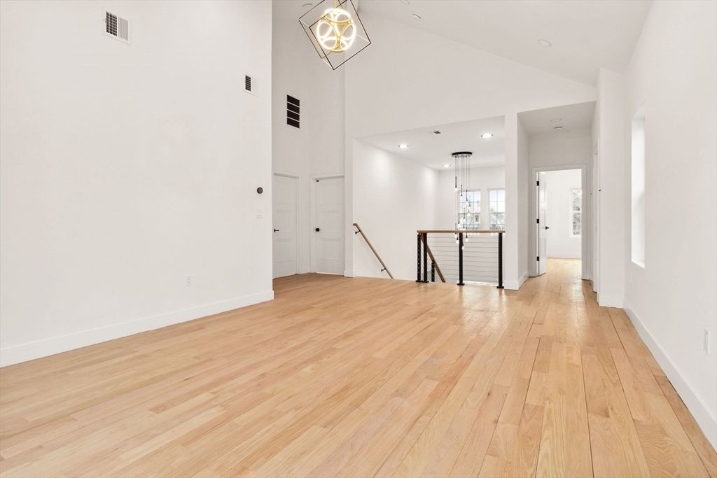Empty room, Interior, Pendant Lights, Recessed Lighting, Wood Texture Flooring