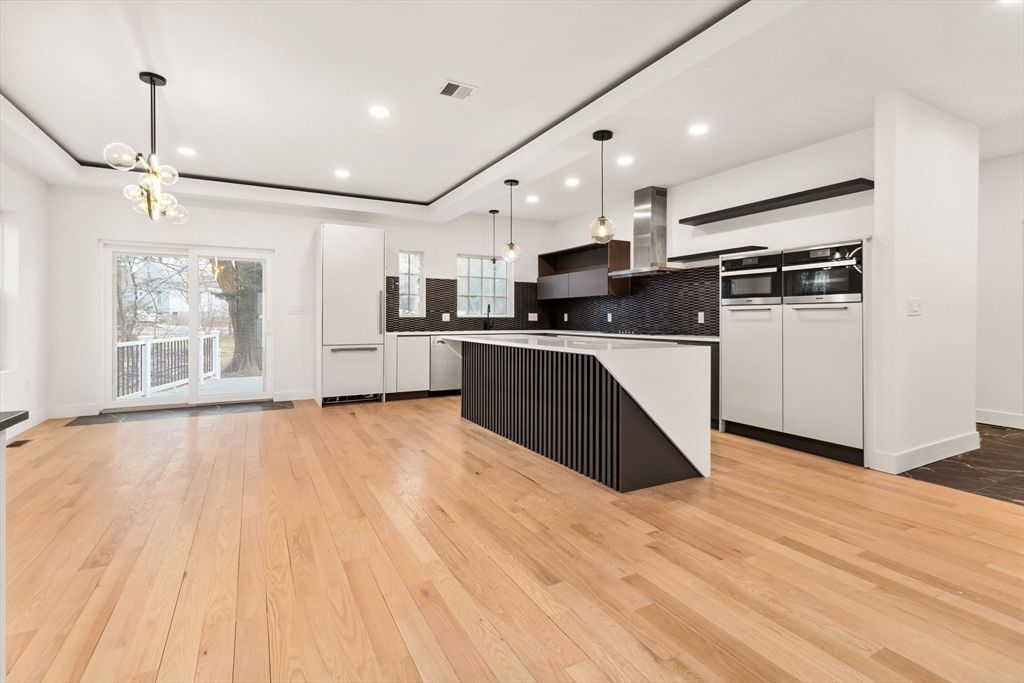 Interior, Kitchen, Pendant Lights, Recessed Lighting, Stainless Steel Appliances, Wood Texture Flooring