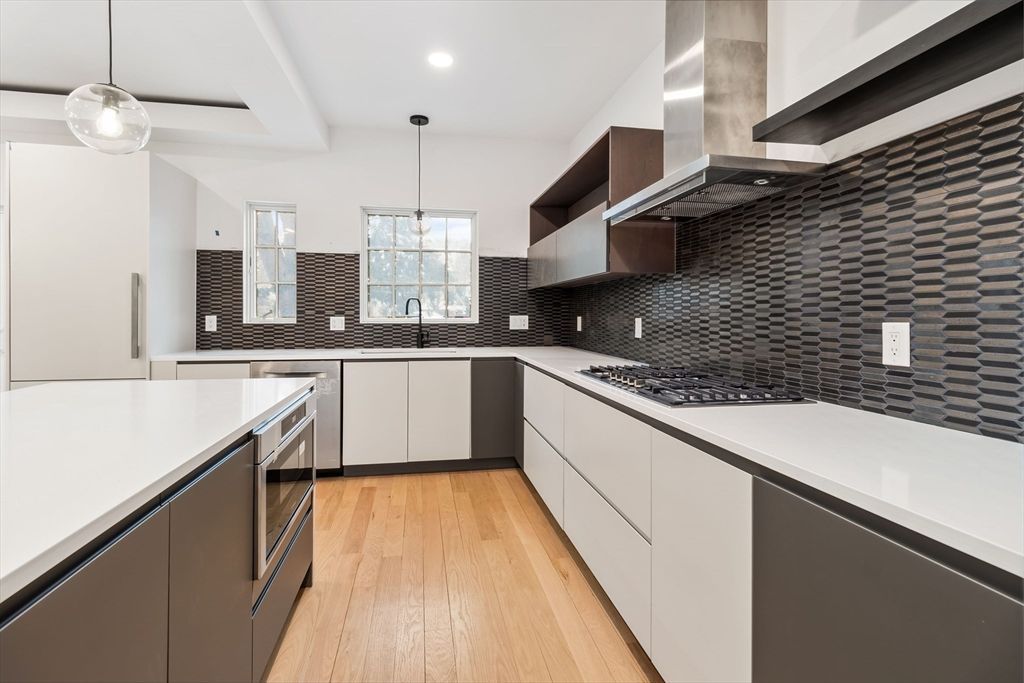 Interior, Kitchen, Pendant Lights, Recessed Lighting, Stainless Steel Appliances, Wood Texture Flooring