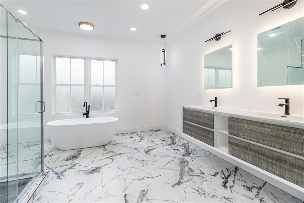 Bathroom, Dual Sink Vanities, Free Standing Baths, Glass Shower, Interior, Marble, Pendant Lights, Recessed Lighting