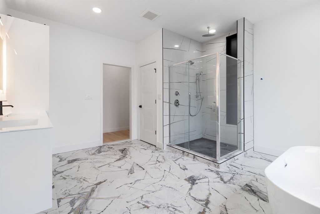 Bathroom, Free Standing Baths, Glass Shower, Interior, Marble, Recessed Lighting