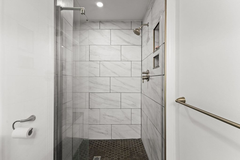 Bathroom, Glass Shower, Interior, Marble Walls, Recessed Lighting
