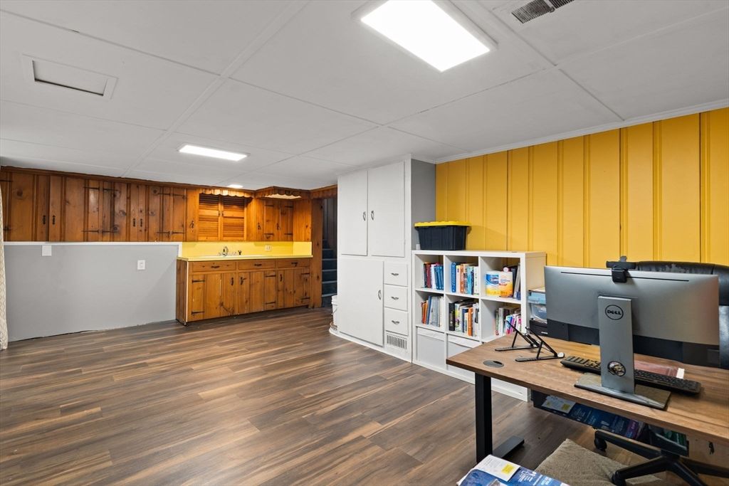 Home Office, Interior, Recessed Lighting, Wood Texture Flooring, Wooden Walls