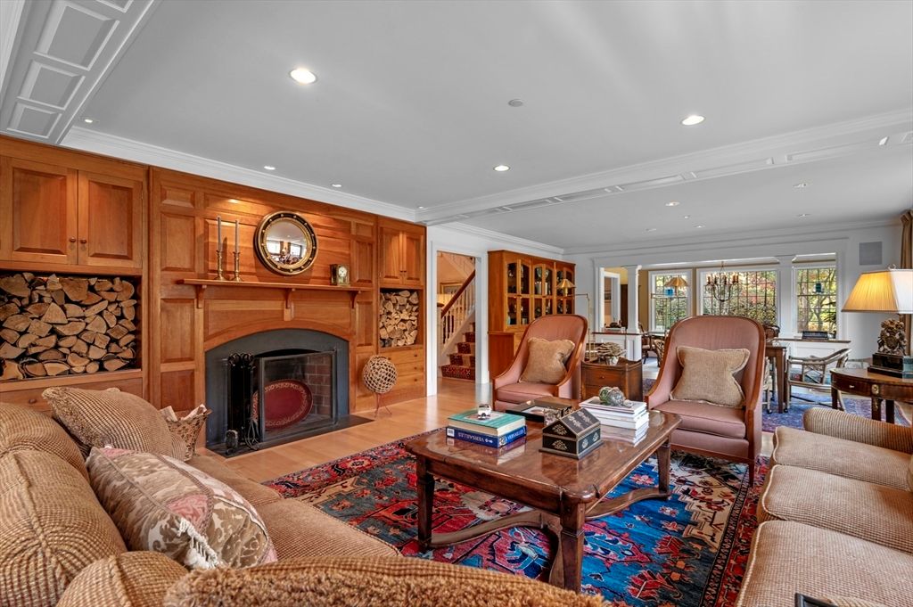 Fireplace, Interior, Living room, Recessed Lighting, Wood Texture Flooring, Wooden Walls