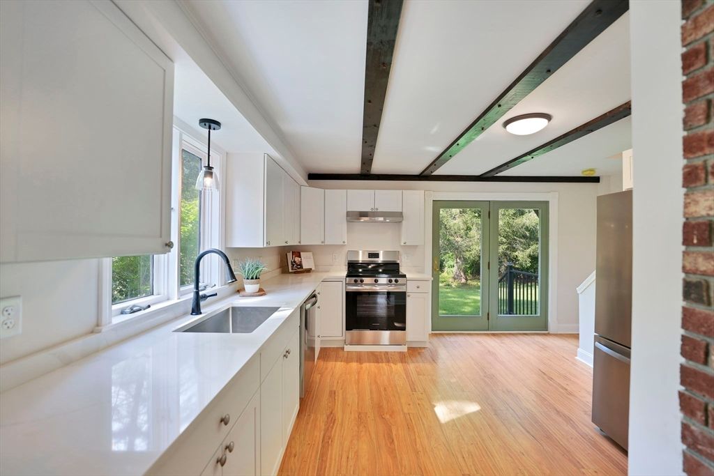 Interior, Kitchen, Pendant Lights, Stainless Steel Appliances, Wooden Beams, Wood Texture Flooring