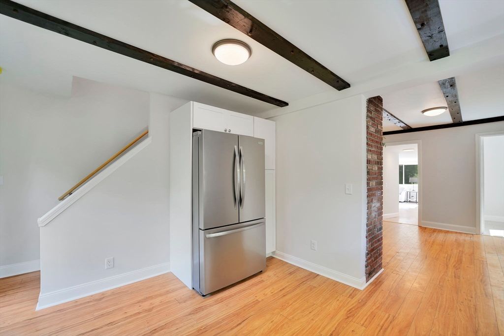 Empty room, Interior, Kitchen, Stainless Steel Appliances, Wooden Beams, Wood Texture Flooring