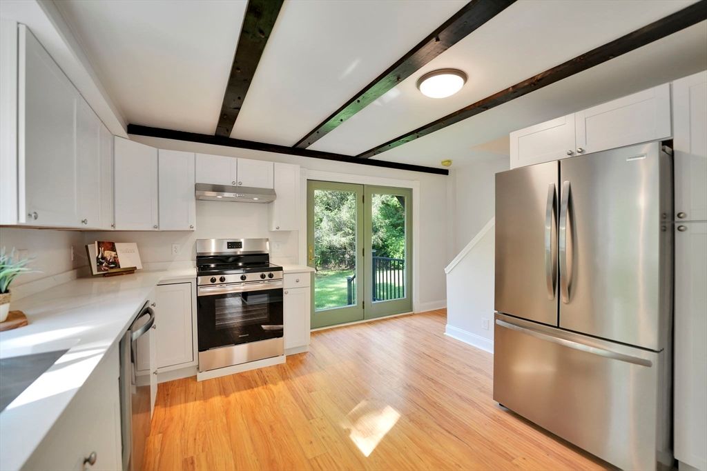 Interior, Kitchen, Stainless Steel Appliances, Wooden Beams, Wood Texture Flooring