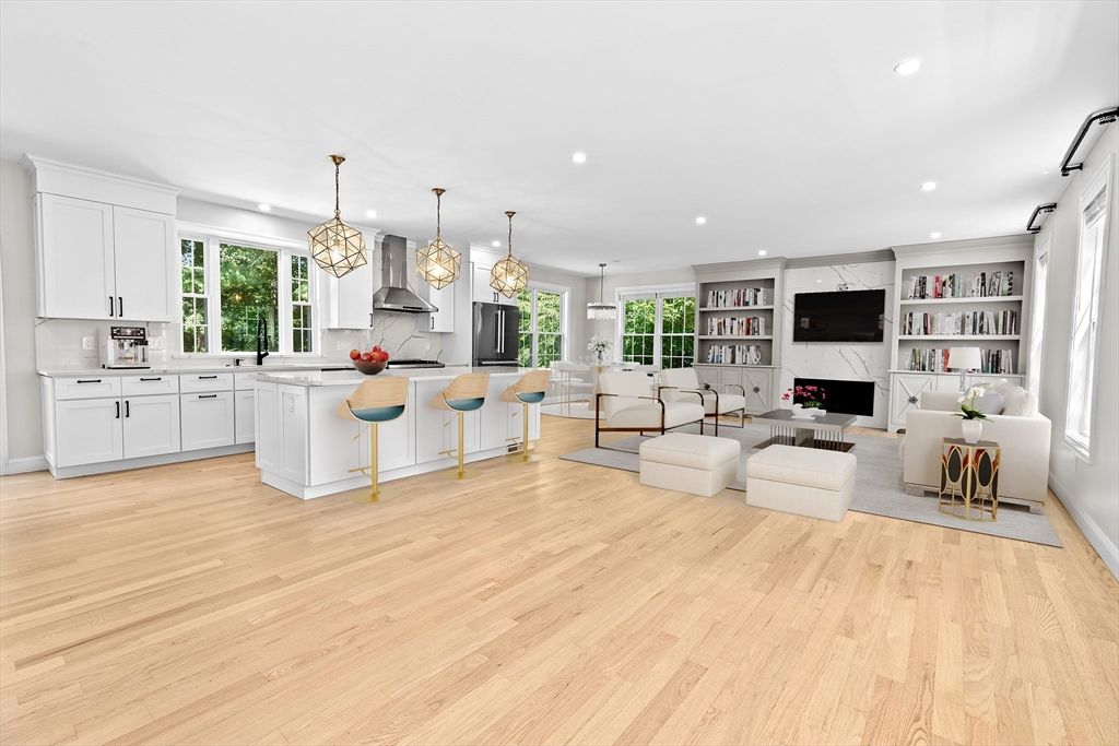 Fireplace, Interior, Kitchen, Living room, Pendant Lights, Recessed Lighting, Wood Texture Flooring