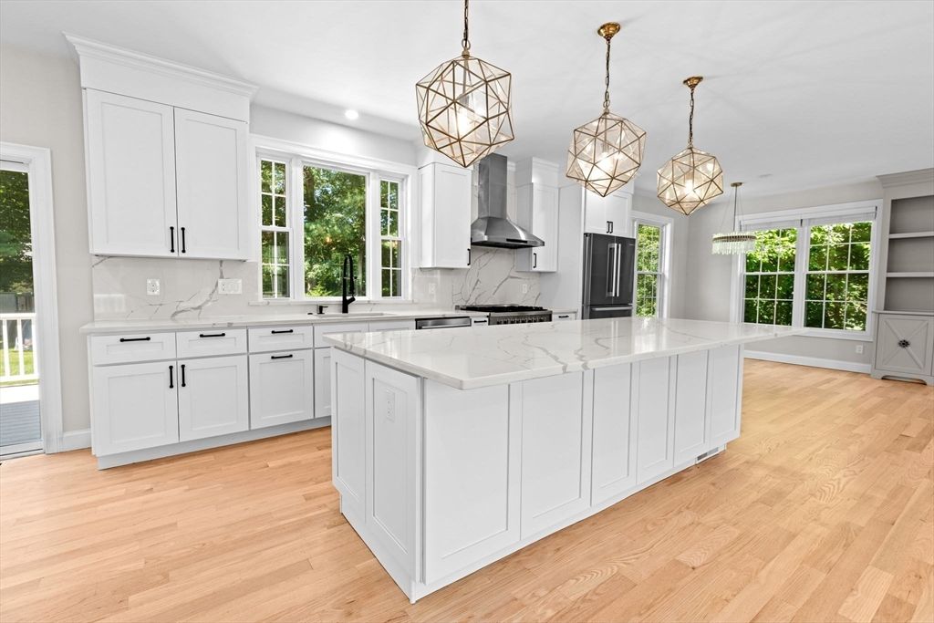 Interior, Kitchen, Marble Walls, Pendant Lights, Recessed Lighting, Wood Texture Flooring
