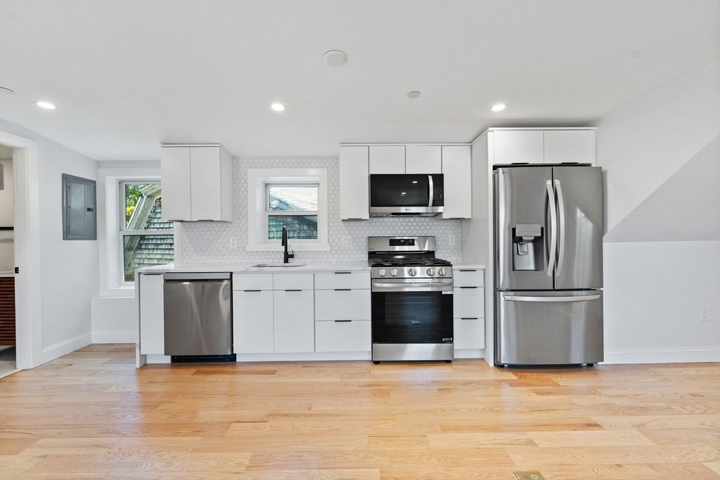 Interior, Kitchen, Recessed Lighting, Stainless Steel Appliances, Wood Texture Flooring