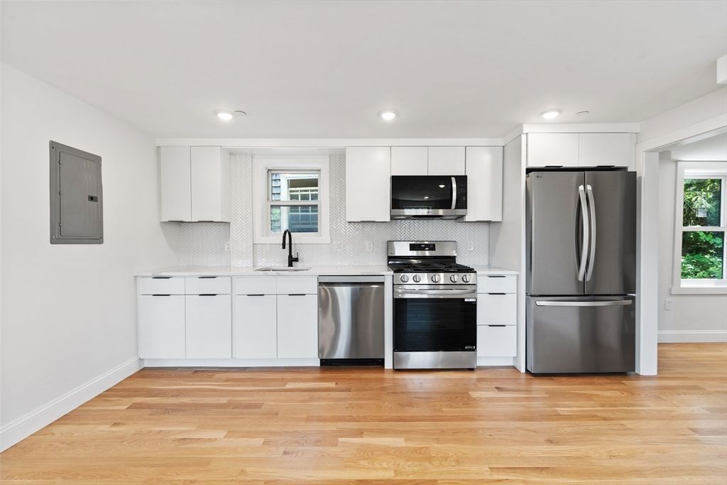 Interior, Kitchen, Recessed Lighting, Stainless Steel Appliances, Wood Texture Flooring