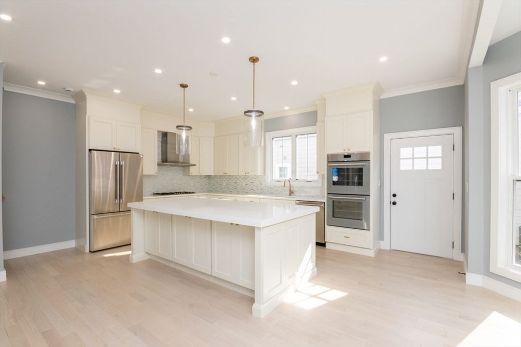 Interior, Kitchen, Pendant Lights, Recessed Lighting, Stainless Steel Appliances, Wood Texture Flooring