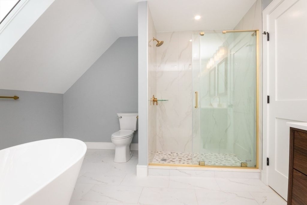 Bathroom, Free Standing Baths, Glass Shower, Interior, Marble, Marble Walls, Recessed Lighting