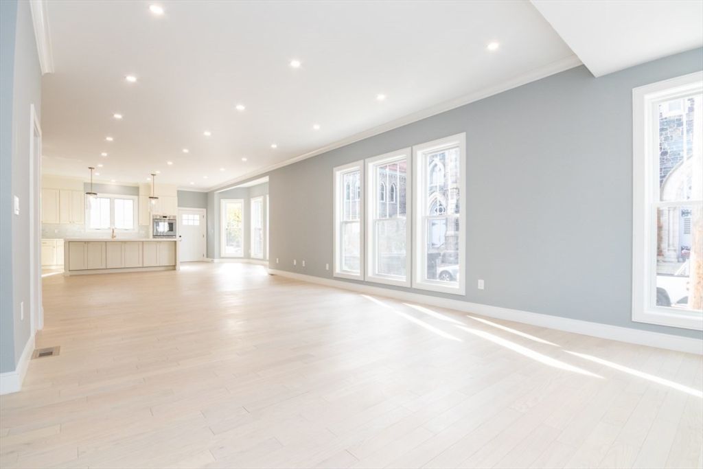 Empty room, Interior, Kitchen, Pendant Lights, Recessed Lighting, Wood Texture Flooring