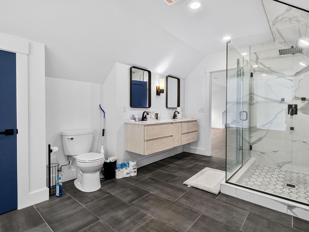 Bathroom, Dual Sink Vanities, Glass Shower, Interior, Marble Walls, Recessed Lighting