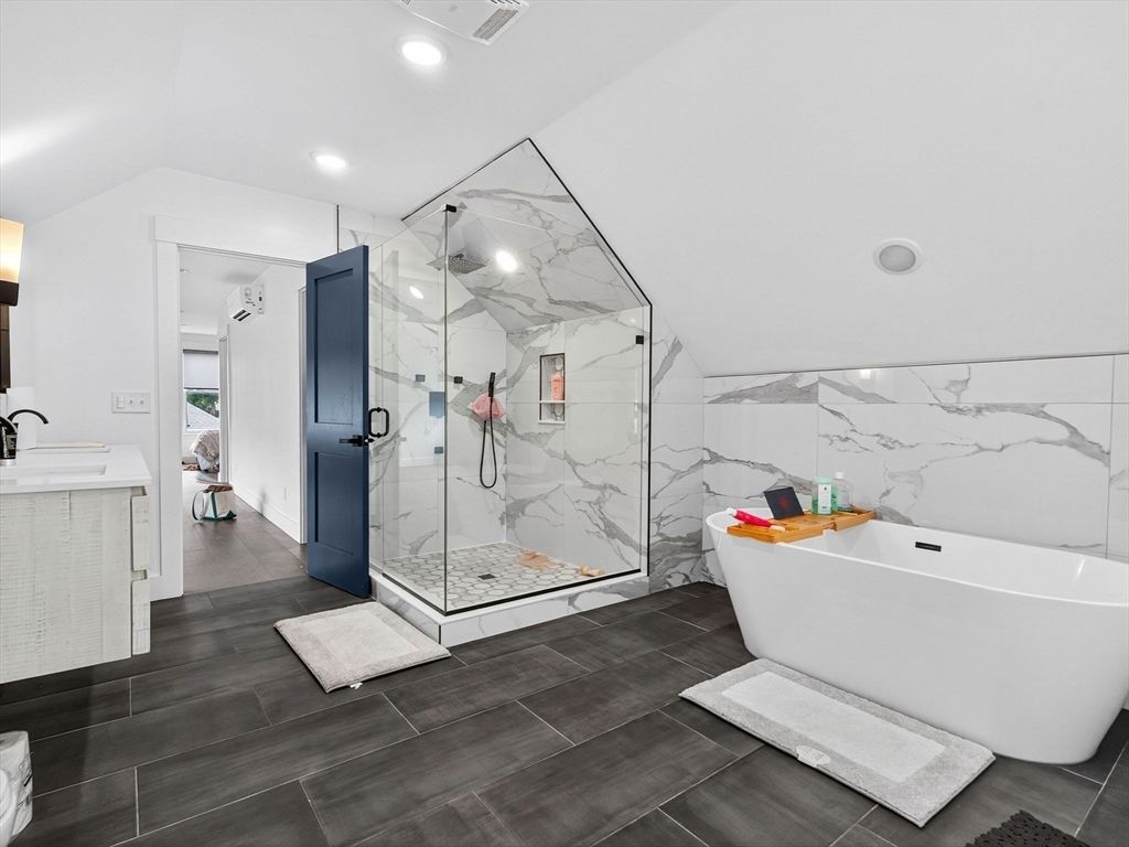 Bathroom, Free Standing Baths, Glass Shower, Interior, Marble Walls, Recessed Lighting